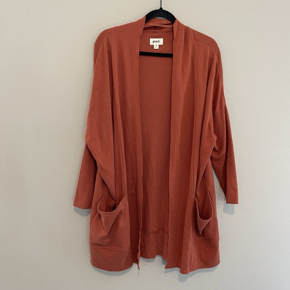 Pact Women’s M/L Airplane Cardigan Open Front Burnt Orange Rust Organic Cotton